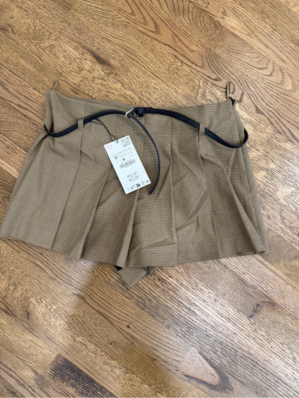 Zara Brown Plaid Pleated Mini Skort with Black Belt